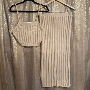 Freshman 1996 Boho Tan Knit Crochet Crop Top Maxi Skirt Set Large